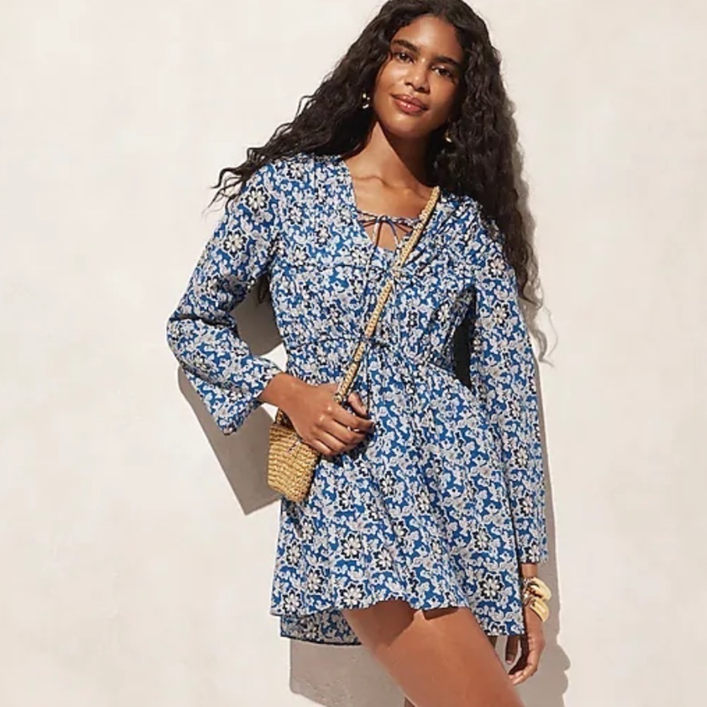 J crew Tiered tie-front beach dress in cobalt floral cotton voile